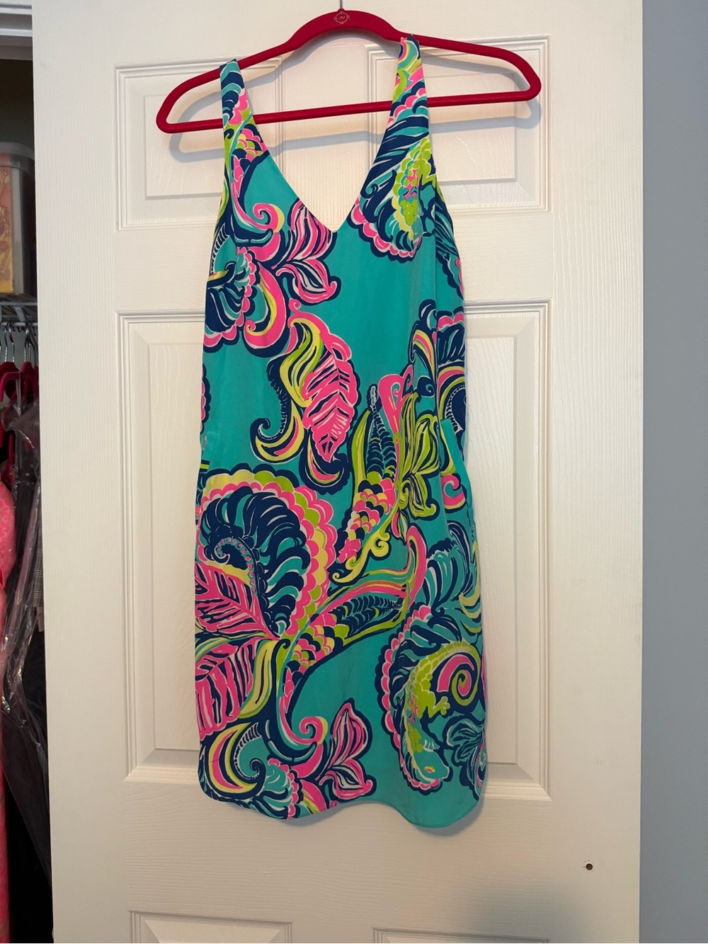 Lilly Pulitzer Teal Slip Dress with Pink, Navy & Lime Swirl Print